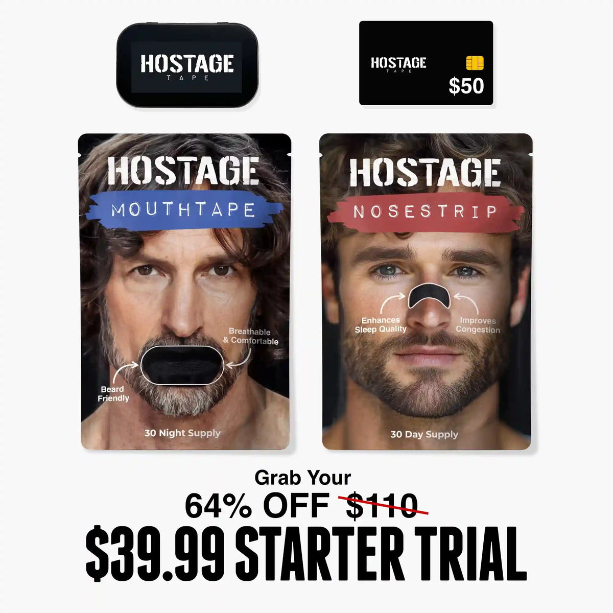 Hostage Tape Starter Trial - 30 Day Pack Mouth Tape and Nose Strips + FREE Bedside Tin + FREE $50 Gift Code Main image